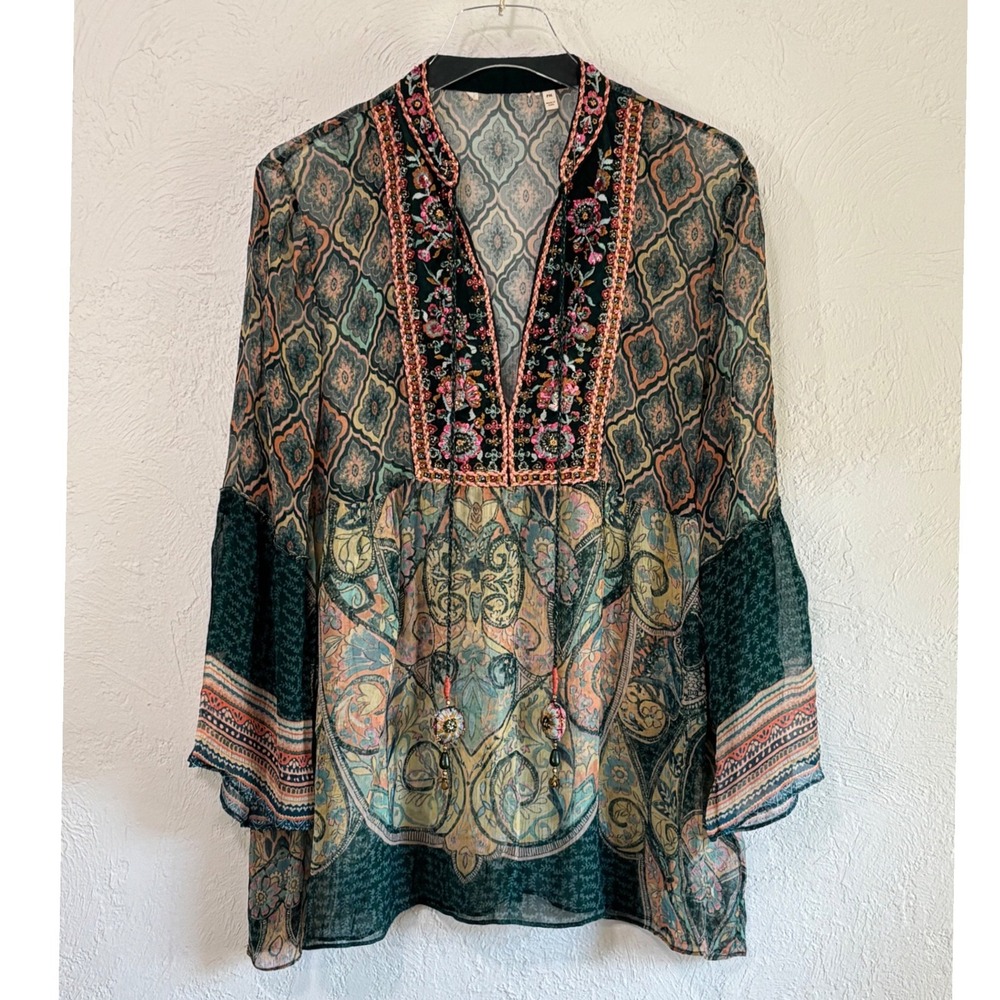 Soft Surroundings Tunic Women PM Teal Paisley Embroidered Boho Bell Sleeve